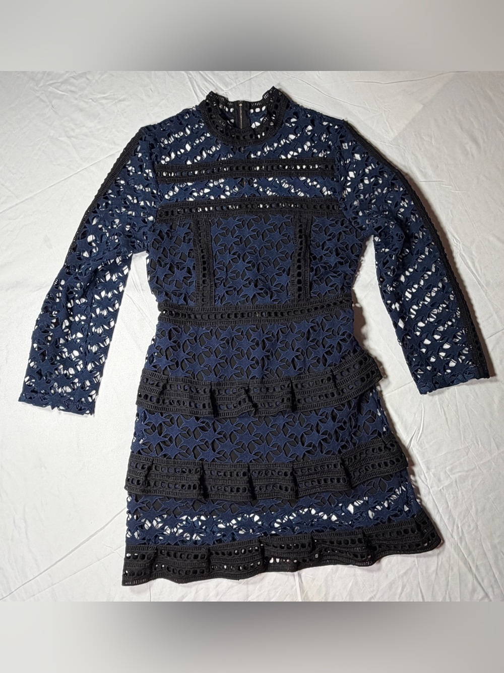 Few Moda New York Tiered Star Lace High Neck Mini Dress - Blue/Black - Size M